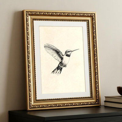 Vintage Gold Framed Hummingbird Sketch Wall Art, Indoor Home Decor 11×14 Inch