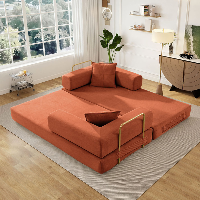 Addisin King-Size Foldable Sleeper Sofa Bed – Convertible Compression Mattress Couch with 2 Removable Bolster Armrests & 2 Pillows