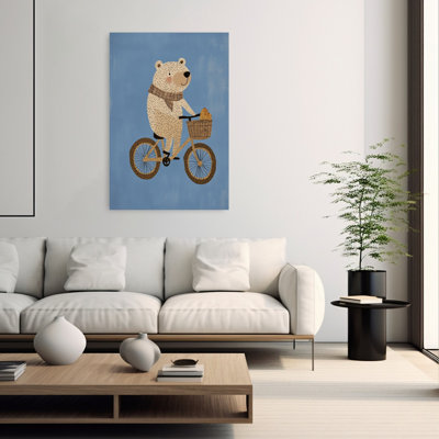 Cute Bear On Bike Playful Whimsical Contemporary Bear Wall Art Print by Mathieu - Wrapped Canvas Print