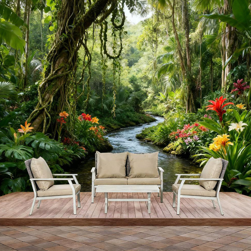 Ensemble de conversation en osier beige avec coussins pour la cour, la piscine et le jardin