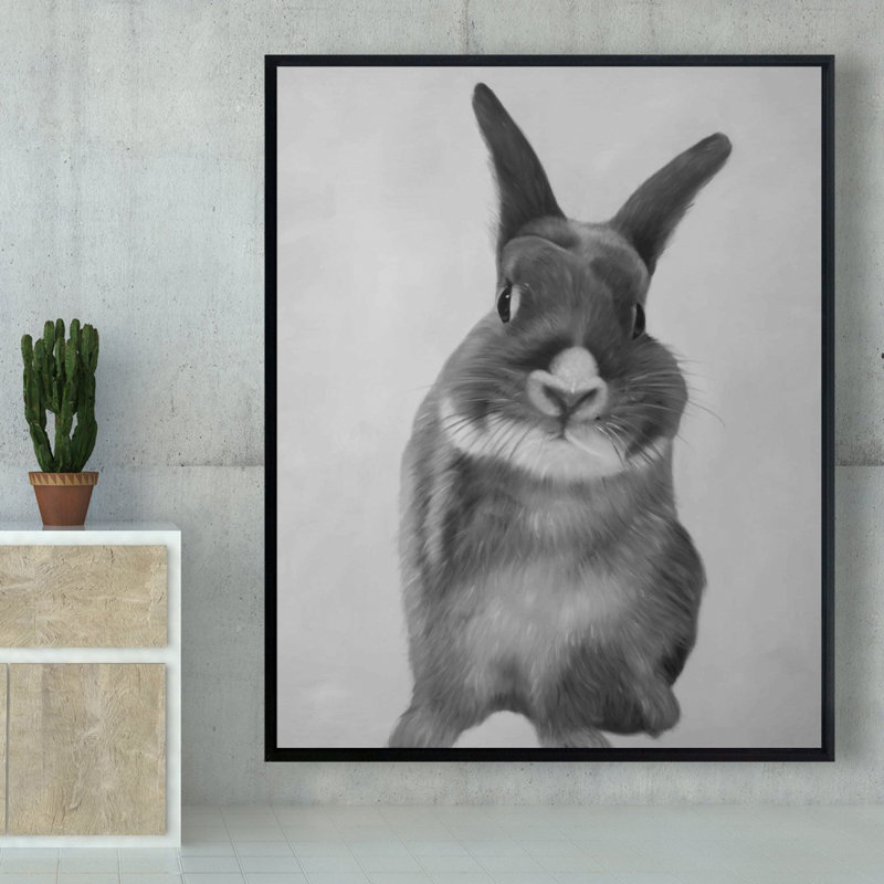Funny Gray Rabbit Print On Canvas, Black Framed Canvas, 60" H x 48" W