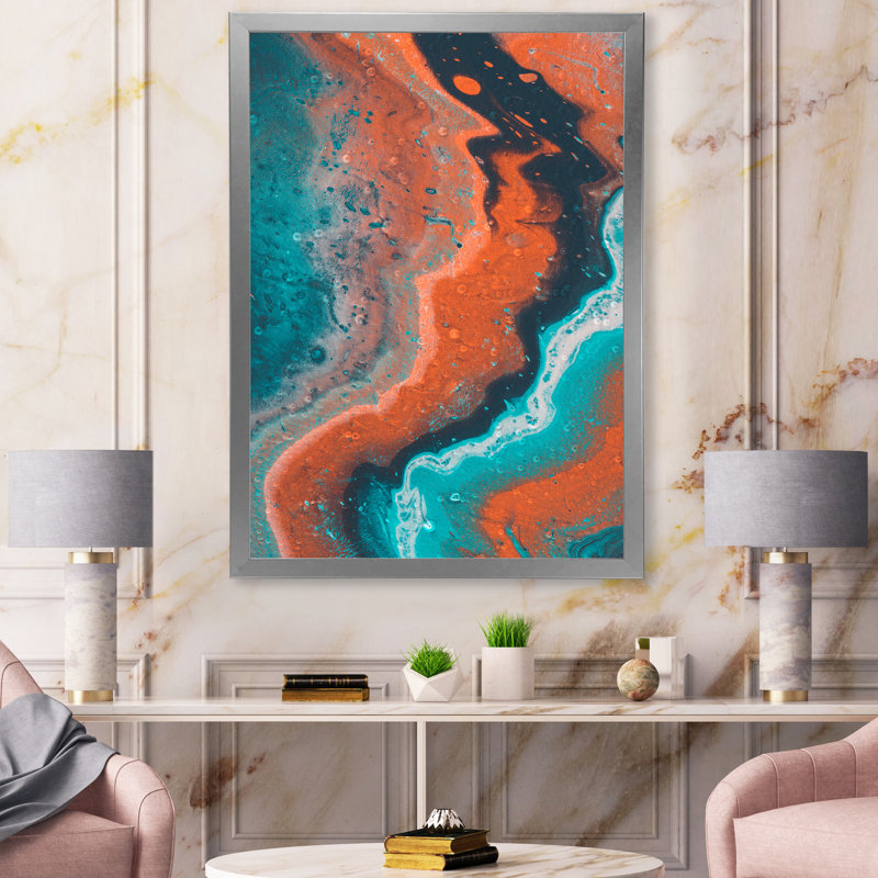 Composition abstraite de marbre en bleu et orange I - peinture sur toile, H 40 po x l 30 po x 1,5 po, Encadrement argenté