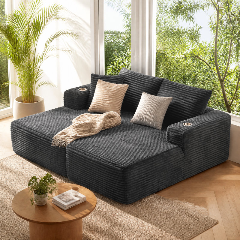 74" Modern Deep Seat Corduroy Sofa Bed Compression Lounge Couch with Oversized Cushions, Dark Gray