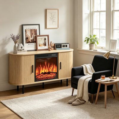 55" Natural Oak Fluted Tv Stand With 18" Electric Fireplace, Modern Oval Entertainment Center For Tvs Up To 65", Elegant Light Wood Media Console With Sliding Doors & 3D Flame