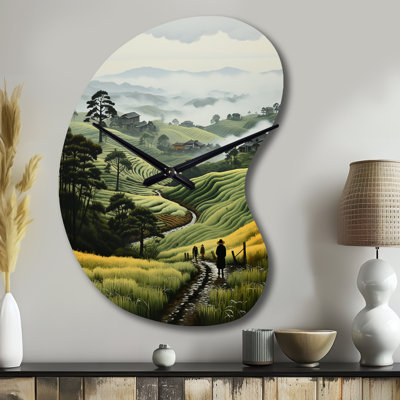 Countryside Foggy Green Hillside - Countryside Unique Shape Metal Wall Clock, Country Asymmetrical Wall Clock Print