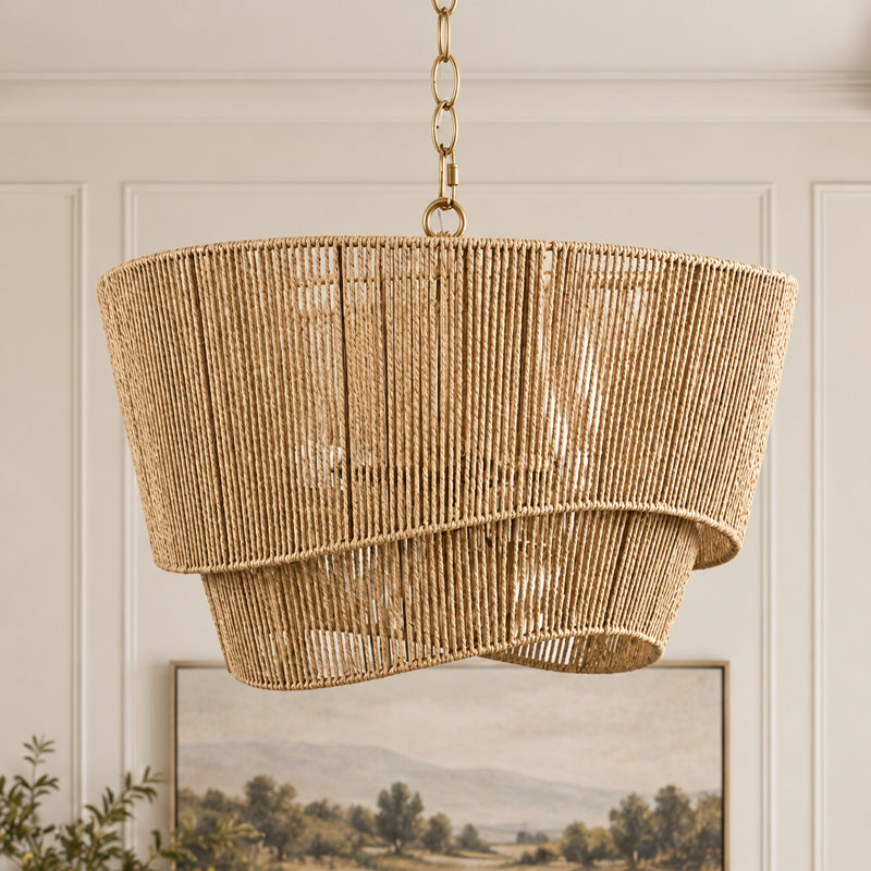 5-light 21" Electroplated Wood Rattan Paper Rope Durm Chandelier for Living Room/bedroom, Natural