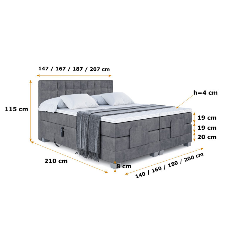 Mariella Pocket Spring Mattress Divan Bed Base, Dark gray, 140 x 200cm