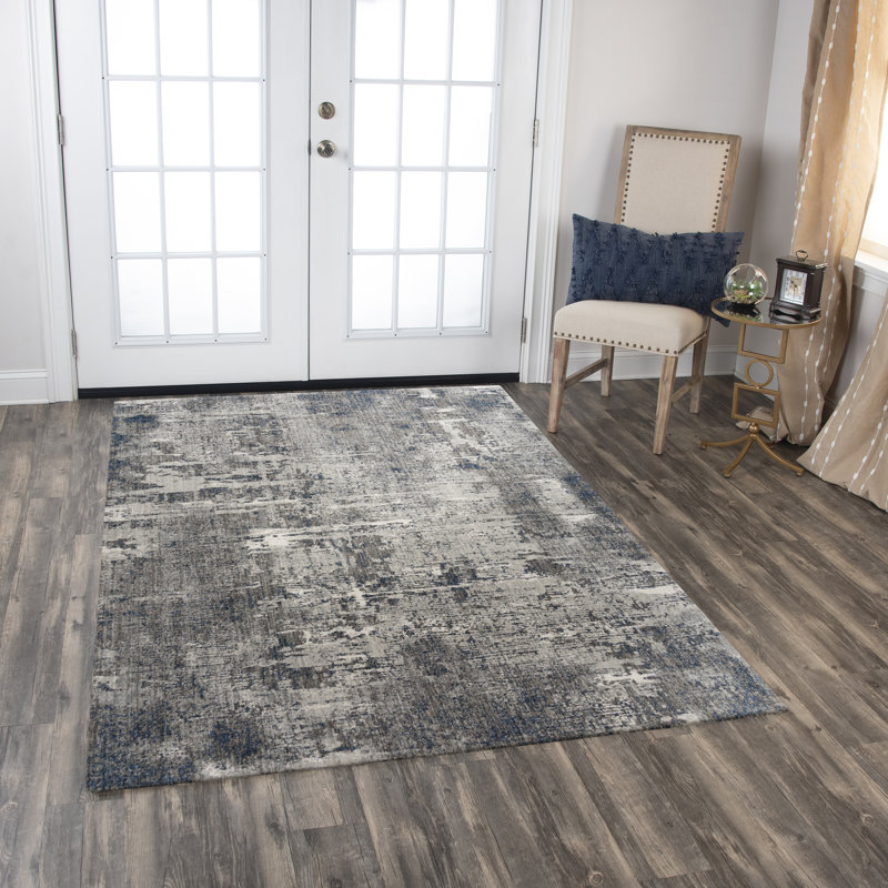 Nyzae abstrait tissé à la machine recyclé P.E.T. Tapis gris, Rectangle 9 pi x 12 pi