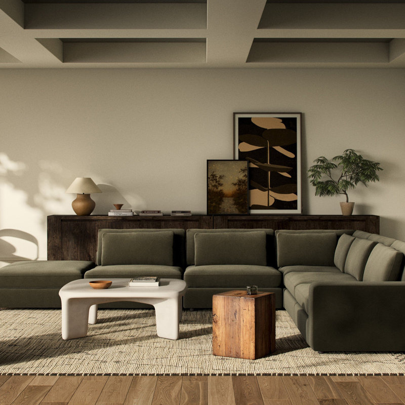Bloor Modular Sectional, Surrey Olive Cotton Blend, Right Hand Facing