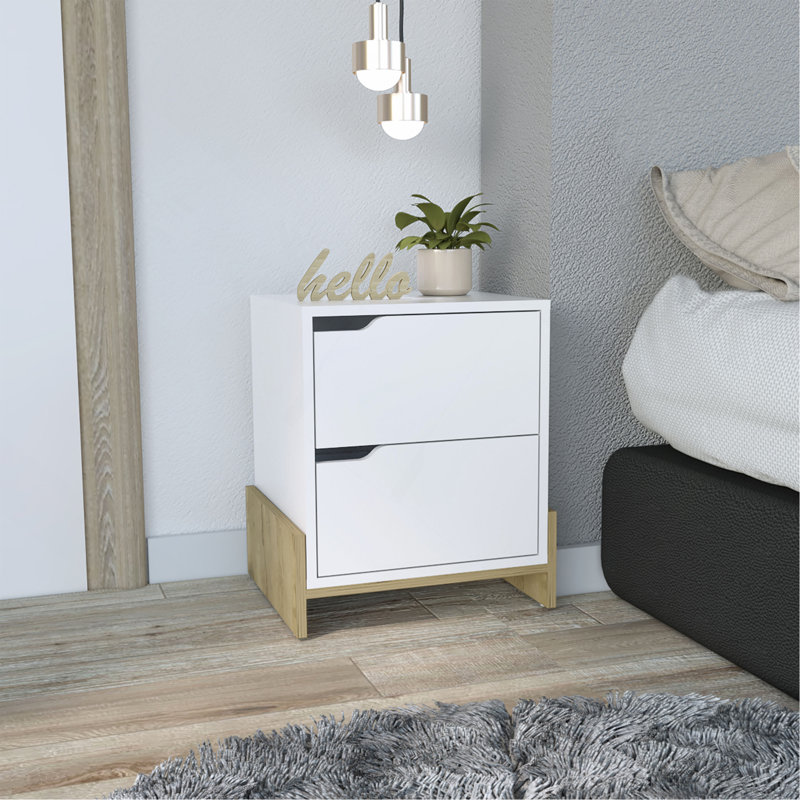 Luss Nightstand, Bedside Table With 2-Drawers, White/Oak