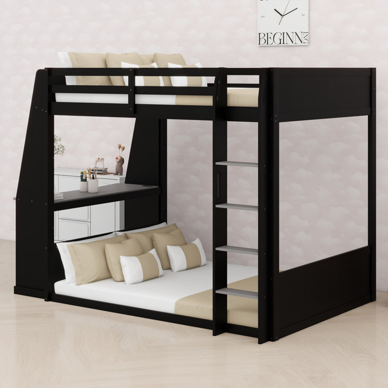 Cadre de lit superposé en bois avec bureau pour adolescent, tablettes de rangement, lumières USB et DEL, noir + gris
