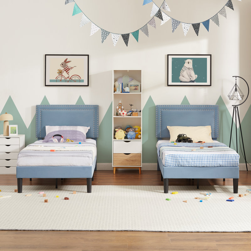 Aldora 2 Pack Light Blue Twin Upholstered Platform Bed Frame with Tufted Adjustable Headboard,Noise-Free Twin Size Bed with 8 Inch Under-Bed Storage
