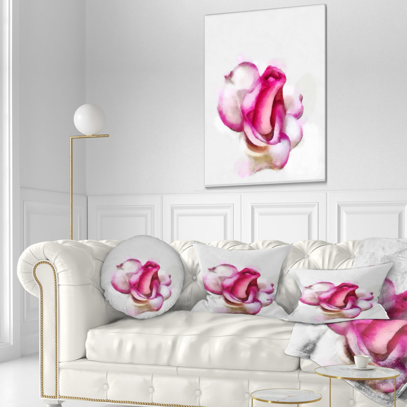Pink Hand drawn Red Rose on White - Floral Printed Throw Pillow