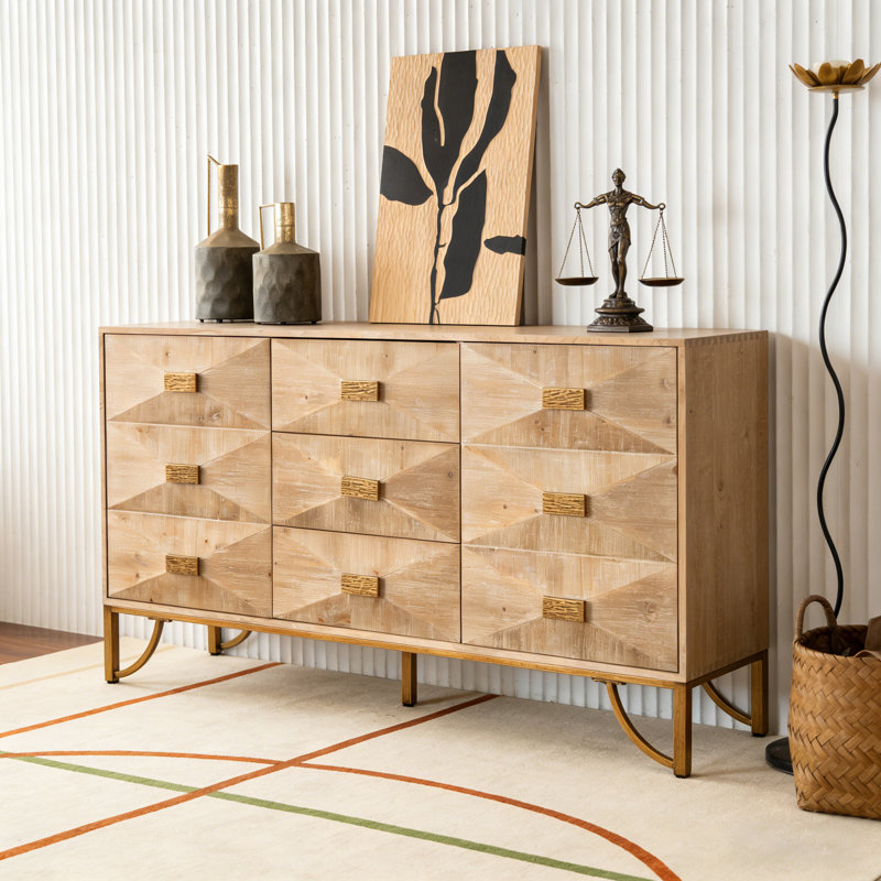Storage Sideboard With 3 Drawers & 2 Doors, Light Wood & Geometric Design