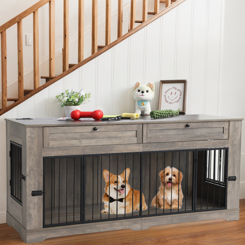 Large Dog Crate Furniture-decorative Heavy Duty Dog Cage Indoor, Wooden Dog Cage End Table With Charging Station, Dog House With 2 Drawers