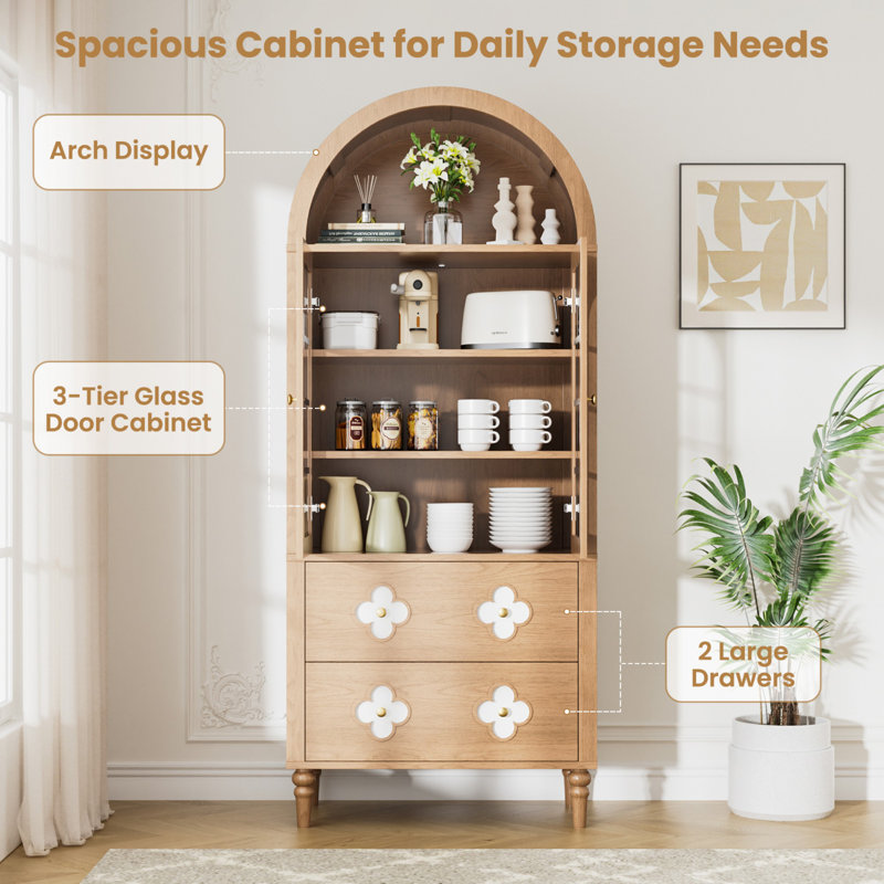 Arched Solid Wood Storage Cabinet, Natural Finish, Natural Wood