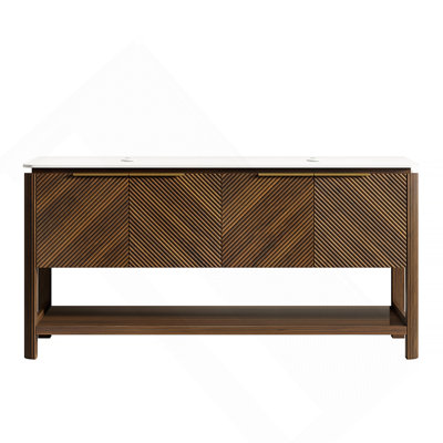 Armoire autoportante 60 po avec 4 portes et tablette ouverte, plateau en pierre frittée blanche, sans lavabo, sans robinet et bonde, noyer foncé