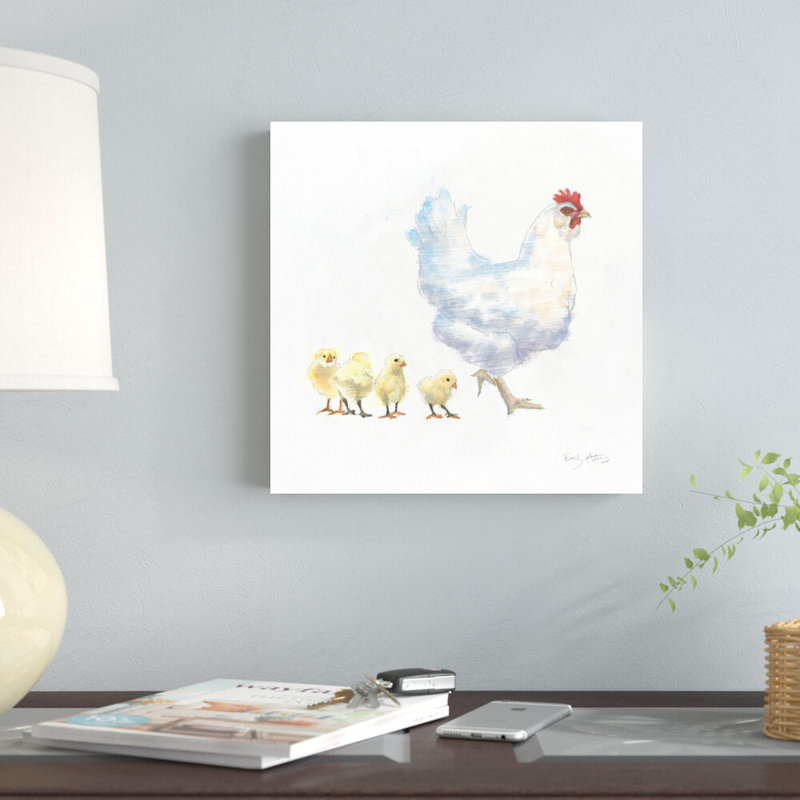Poule et poulets par Emily Adams, reproduction d'art sur toile tendue, H 12 po x l 12 po