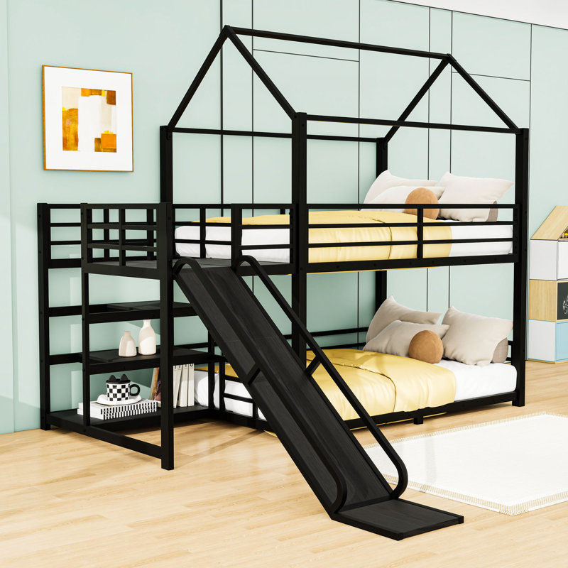 Metal Bunk Bed with Slide and Shelves, Full Over Full