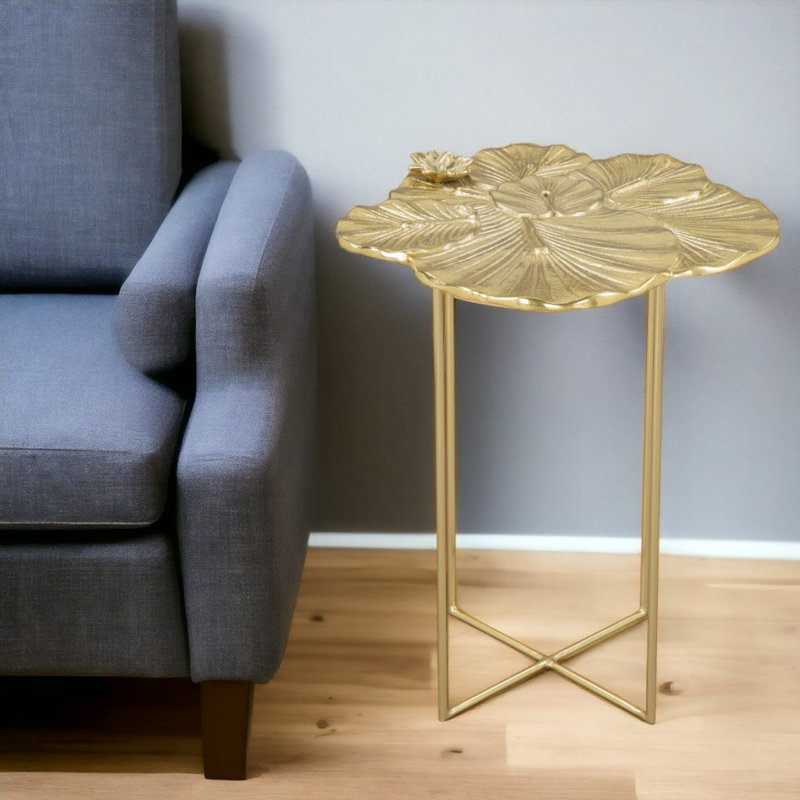 Table de bout 21 "en aluminium doré et pieds croisés en fer