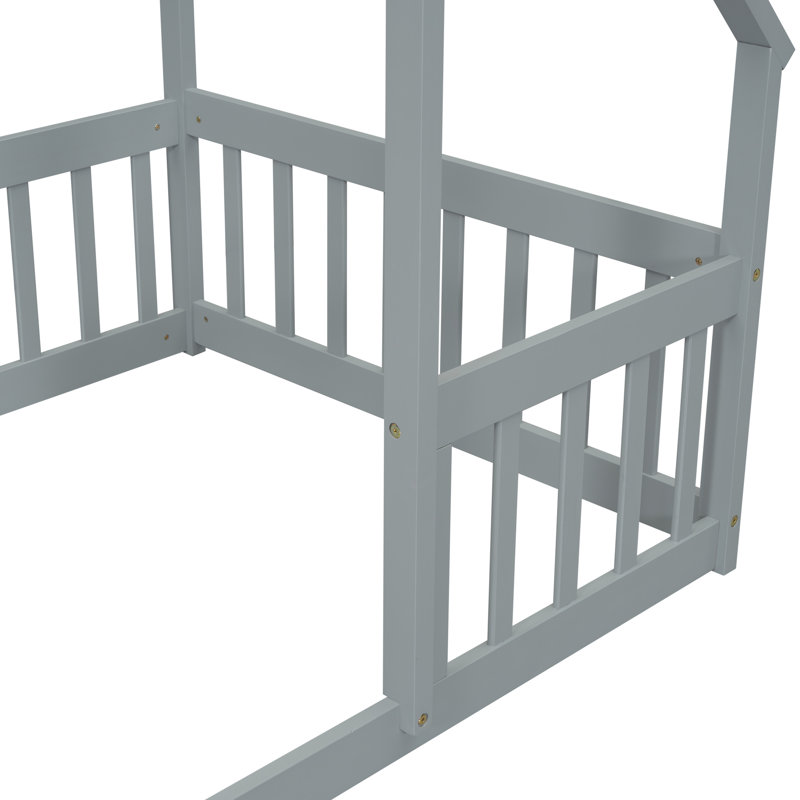 Twin Floor Bed With House Construction And Guardrails, Grey - Built Pine For A Sound Peaceful Night House-Shaped Fence Made Materials Long Night's Sleep