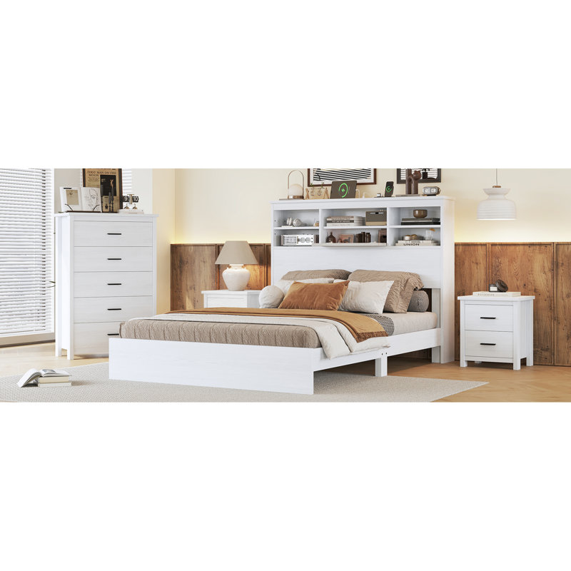 Élégant grand lit blanc avec rangement pour tête de lit et plateforme de recharge électrique, Blanc