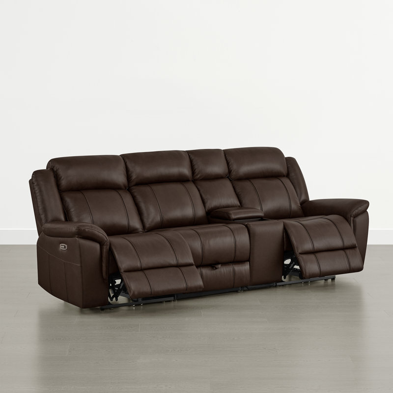 Canapé inclinable électrique en cuir véritable à 3 sièges à deux moteurs avec repose-tête électrique et console, Marron foncé