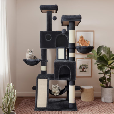 Tour pour arbre à chat 65 po plus grand pour chatons d'intérieur / Centre d'activités pour meubles à plusieurs niveaux avec base large / Perchoirs / paniers confortables en peluche / Poteaux à griffer en sisal et hamac