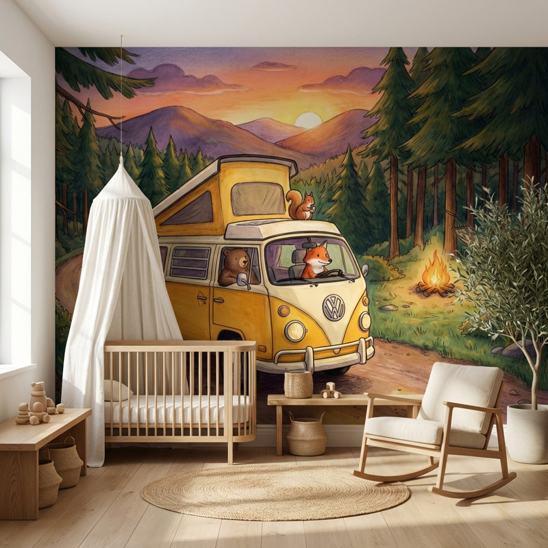 Papier peint mural paysage forestier coucher de soleil montagnes camping, 200"x120", Peel and Stick