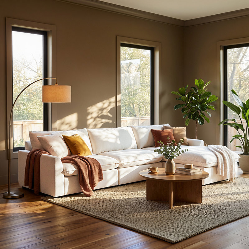 123'' Modular Upholstered Casual Cloud Sectional, Cream Velvet