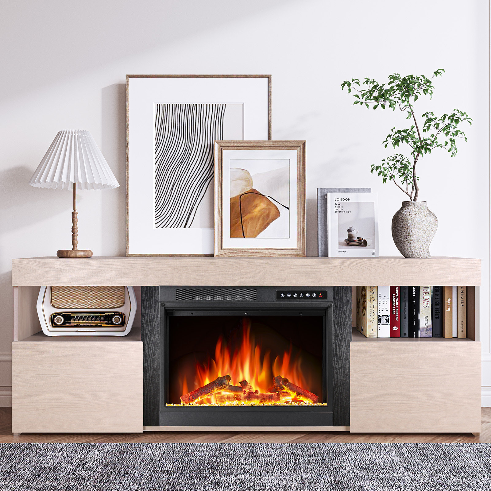 Meuble TV D'angle Avec Cheminée - Pour Téléviseurs Jusqu'à 55" - Armoires De Rangement - Blanc Et Rustique