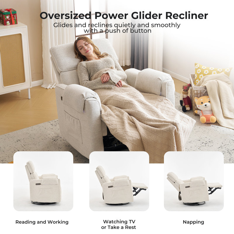 Oversized Power Recliner Chair, 26" Extra Wide Swivel Rocker Recliner with Adjustable Headrest, Chenille Glider Rocking Nursery Chair with Overstuffed Armrest, USB Ports，White