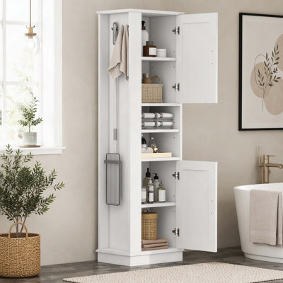 Armoire de rangement autoportante pour salle de bain avec tablettes et crochets réglables
