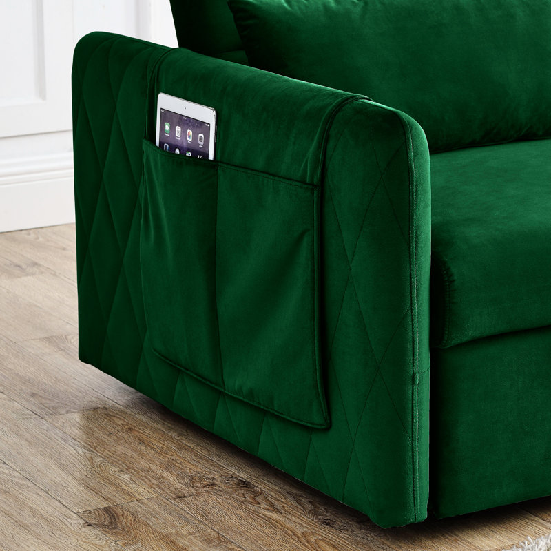 Leiyla Modern 55" Convertible Sofa Bed with Detachable Arm Pockets, Green Velvet