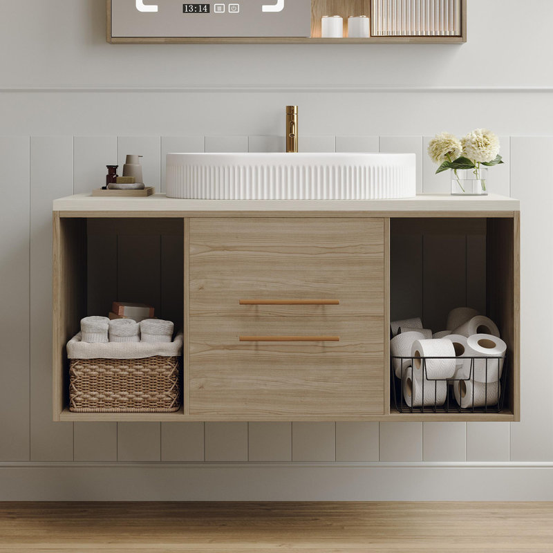Modern 38.2 Wall-Mounted Bathroom Vanity with Oval Ceramic Sink Floating Vanity Multi-Layer Solid Wood Cabinet Soft-Close Drawers Open Shelf Storage