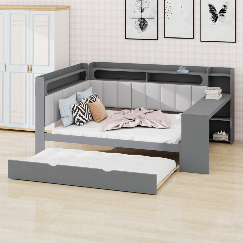 Multifunctional  Daybed Featuring Shelves, Trundle, and Desk, Gray