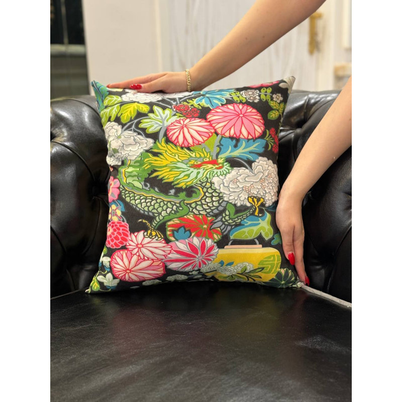 Square Pillow Cover & Insert, Square 20", Black/Red/White/Green Floral