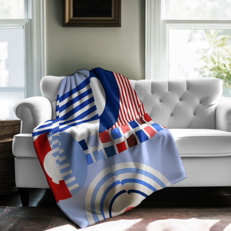 Motif Groovy - 1 pièce Sherpa Premium, Bleu clair / rouge / blanc abstrait / formes géom, Lit simple