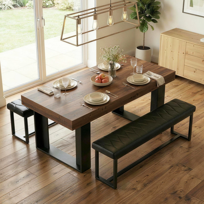4-Person Dining Table Set With Rectangular Extendable Dining Table & 2 Upholstered Benches, Brown