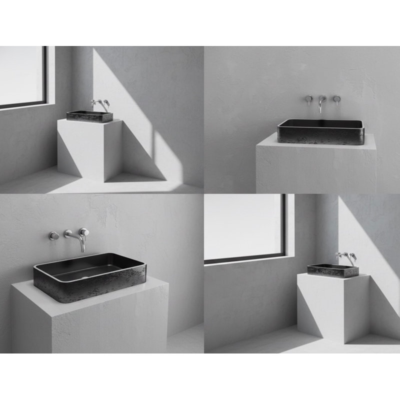 Vast Studio 21.5” L x 13.8” W Textured Black Iron/Black  Rectangular Vessel Bathroom Sink Countertop Wash Basin, Iron/Black