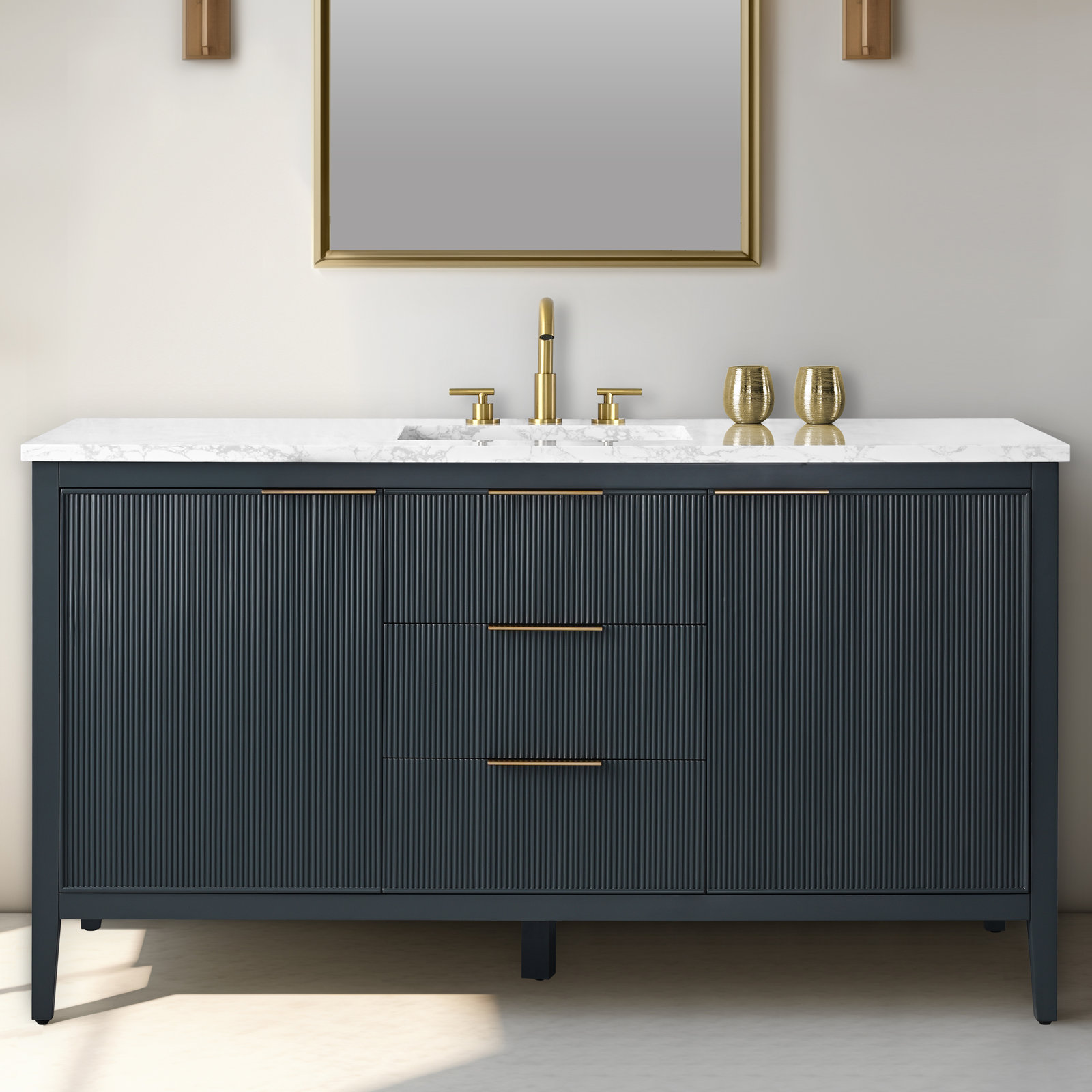 Bilroy 60" Pine Single Bathroom Vanity, Vintage Blue/Brushed Bronze