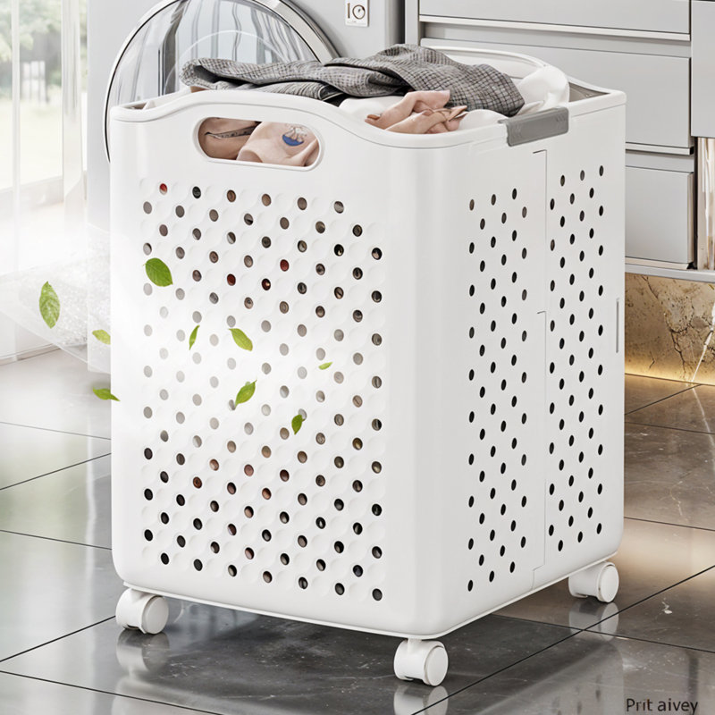 Plastic Laundry Basket with Handles, 47cm H x 36.5cm W x 33.2cm D, White
