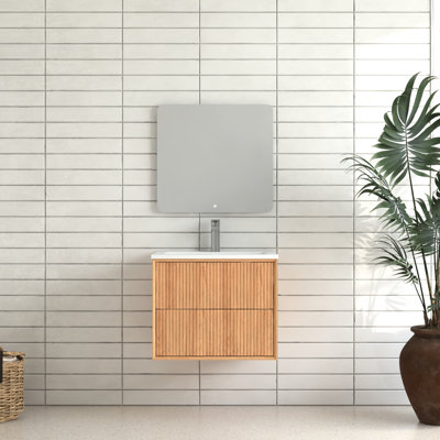 Armoire de salle de bain murale en bois massif 24 po, tiroirs rainurés à ouverture par pression, lavabo en résine, style européen, meuble-lavabo profond, vasque intégrée avec rangement, design,