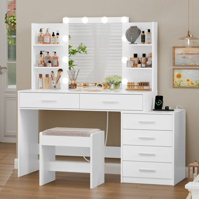 Large Makeup Vanity Table With Mirror & Lights, Vanity Desk With 6 Large Drawers & Charging Station, Vanity Table, Vanity Set For Bedroom, White