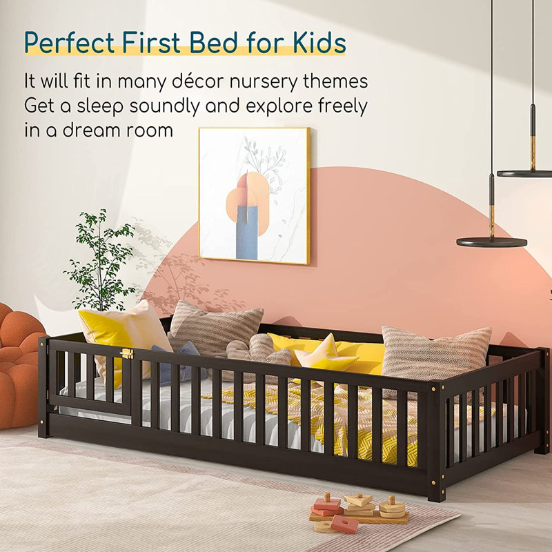 Twin Size Floor Bed With Safety Guardrails And Door And Slats, Toddler Floor Bed Frame For Girls And Boys, Twin, Black