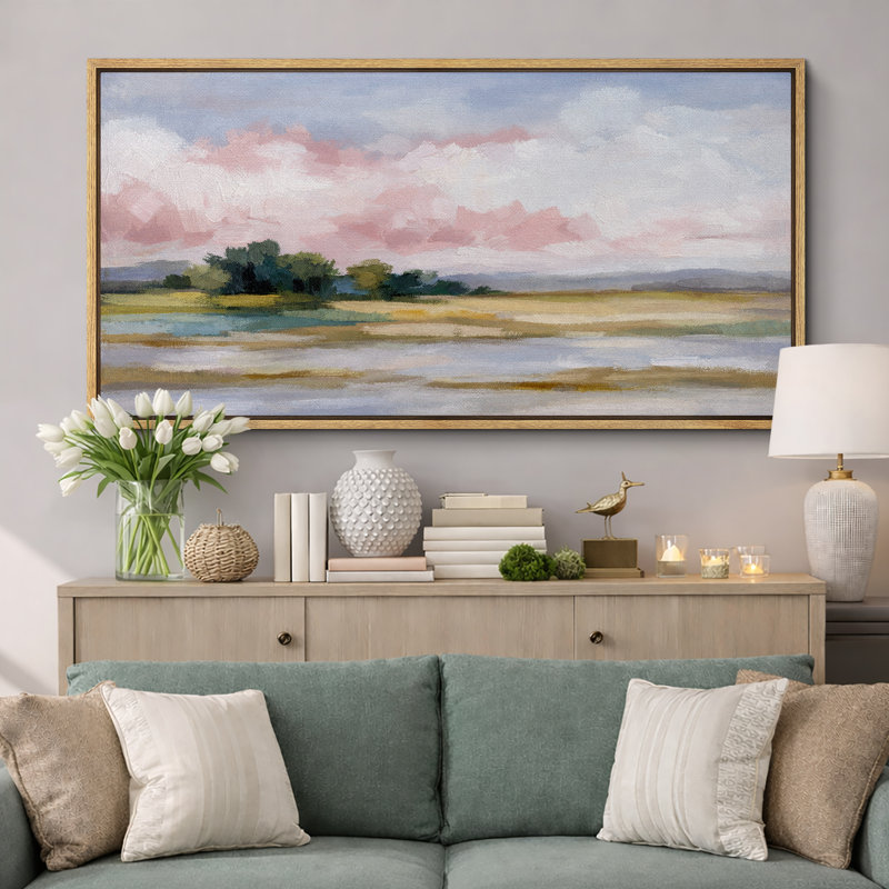 Doux ciel rose, œuvre d'art de paysage pastel, impression sur toile giclée sur toile encadrée, H 30 po x l 60 po x P 1,5 po