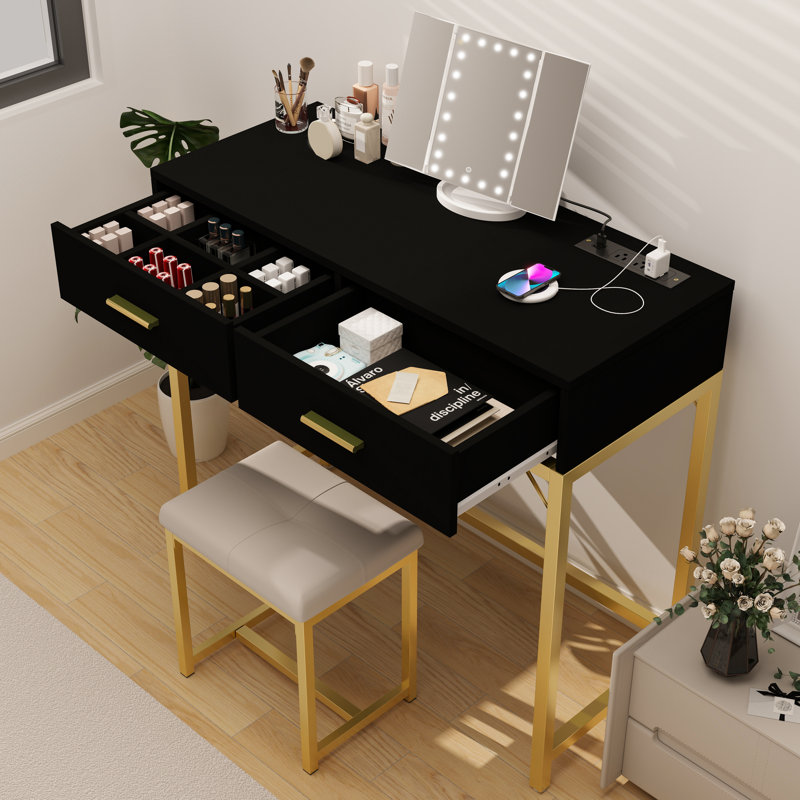 Ensemble coiffeuse et tabouret de maquillage Arialdo, Noir
