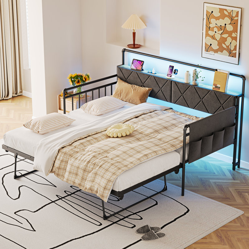 Twin Daybed with Trundle Bed, Bed Frame With  Charging Station,LED Lights And Storage Pockets, Black