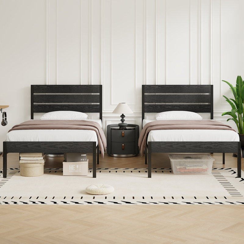 Sakari 2 Set Rustic Farmhouse Bed Frame, 2Pcs Twin Size Metal Platform Bedframe with Wood Headboard, Mattress Foundation with Heavy Duty Metal Slats Support, No Box Spring Needed