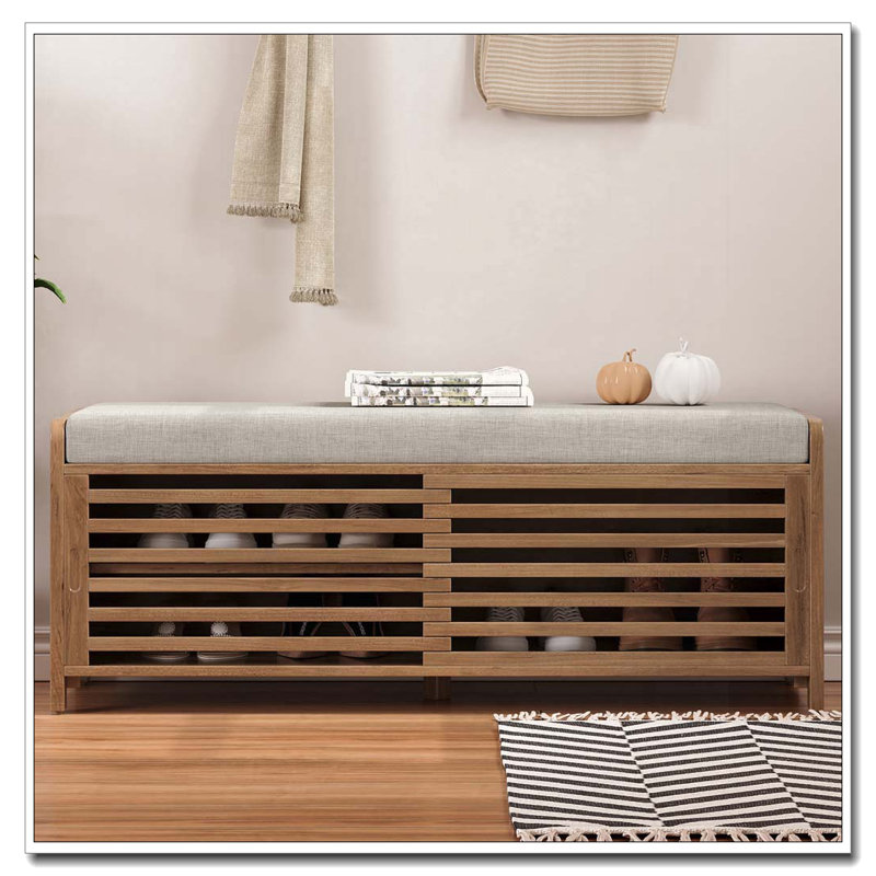 Distressed Shutter Storage Bench with Cushion and Sliding Door, White Washed